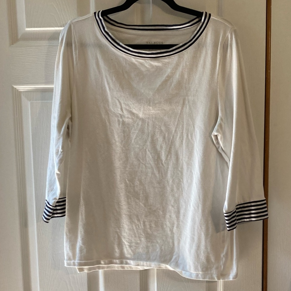 Talbots Ivory Long Sleeve Top with Navy Trim